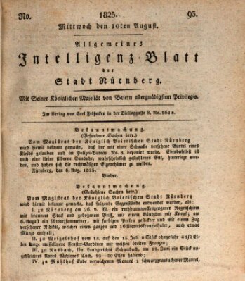 Allgemeines Intelligenz-Blatt der Stadt Nürnberg Mittwoch 10. August 1825