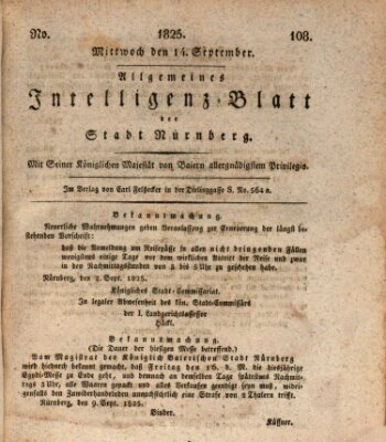 Allgemeines Intelligenz-Blatt der Stadt Nürnberg Mittwoch 14. September 1825
