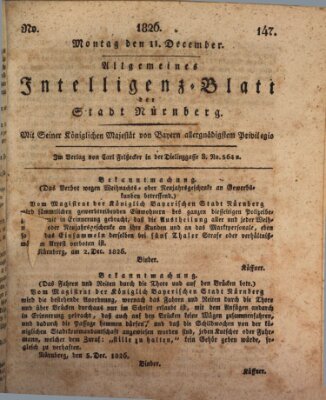 Allgemeines Intelligenz-Blatt der Stadt Nürnberg Montag 11. Dezember 1826
