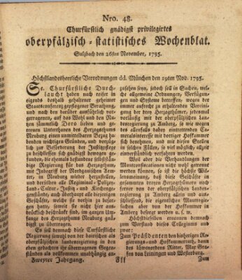 Churfürstlich gnädigst privilegirtes oberpfälzisch-staatistisches Wochenblat (Oberpfälzisches Wochenblat) Donnerstag 26. November 1795