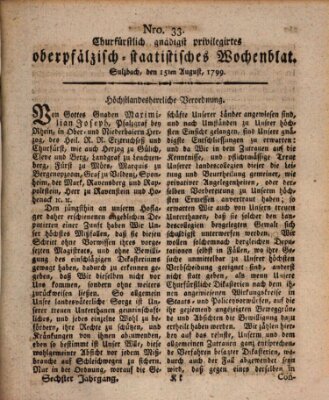 Churfürstlich gnädigst privilegirtes oberpfälzisch-staatistisches Wochenblat (Oberpfälzisches Wochenblat) Donnerstag 15. August 1799