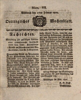 Oettingisches Wochenblatt Mittwoch 17. Februar 1802