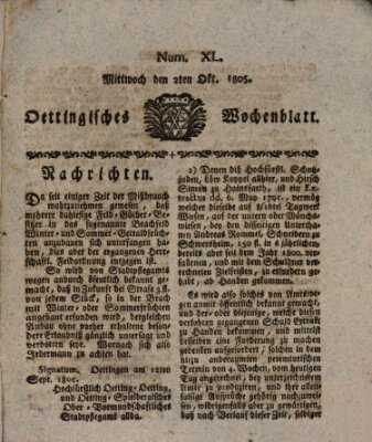 Oettingisches Wochenblatt Mittwoch 2. Oktober 1805