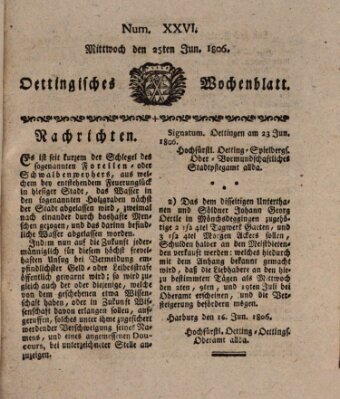 Oettingisches Wochenblatt Mittwoch 25. Juni 1806