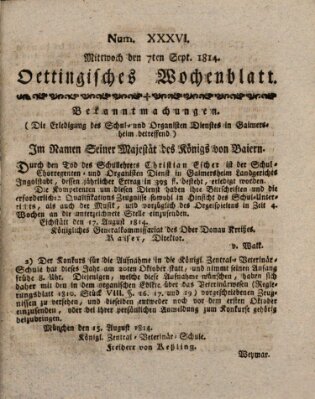 Oettingisches Wochenblatt Mittwoch 7. September 1814