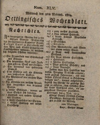Oettingisches Wochenblatt Mittwoch 9. November 1814