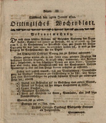 Oettingisches Wochenblatt Mittwoch 19. Januar 1820