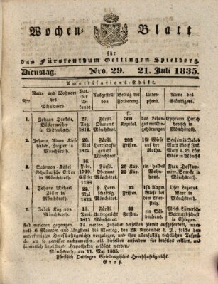 Wochenblatt für das Fürstenthum Oettingen-Spielberg (Oettingisches Wochenblatt) Dienstag 21. Juli 1835