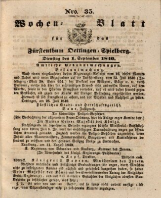 Wochenblatt für das Fürstenthum Oettingen-Spielberg (Oettingisches Wochenblatt) Dienstag 1. September 1840