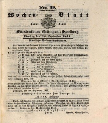 Wochenblatt für das Fürstenthum Oettingen-Spielberg (Oettingisches Wochenblatt) Dienstag 28. September 1841