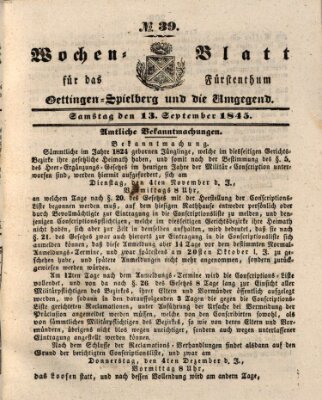 Wochenblatt für das Fürstenthum Oettingen-Spielberg und die Umgegend (Oettingisches Wochenblatt) Samstag 13. September 1845