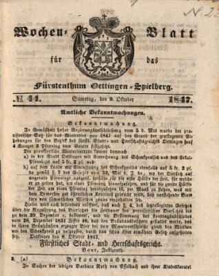 Wochen-Blatt für das Fürstenthum Oettingen-Spielberg (Oettingisches Wochenblatt) Samstag 9. Oktober 1847
