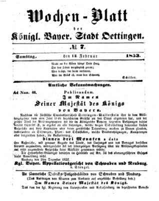 Wochen-Blatt für die Stadt und den Landgerichts-Bezirk Oettingen (Oettingisches Wochenblatt) Samstag 12. Februar 1853