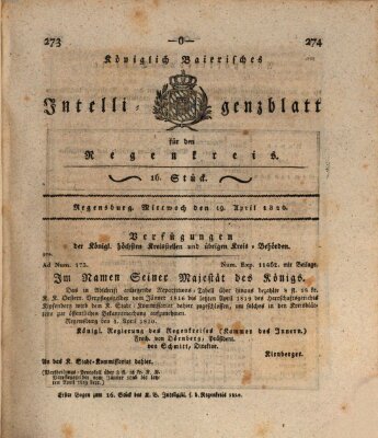 Königlich-baierisches Intelligenzblatt für den Regen-Kreis (Königlich bayerisches Intelligenzblatt für die Oberpfalz und von Regensburg) Mittwoch 19. April 1820