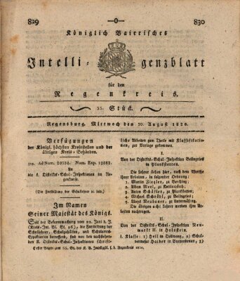 Königlich-baierisches Intelligenzblatt für den Regen-Kreis (Königlich bayerisches Intelligenzblatt für die Oberpfalz und von Regensburg) Mittwoch 30. August 1820