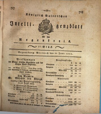 Königlich-baierisches Intelligenzblatt für den Regen-Kreis (Königlich bayerisches Intelligenzblatt für die Oberpfalz und von Regensburg) Mittwoch 30. Juni 1824
