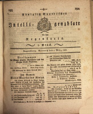 Königlich-baierisches Intelligenzblatt für den Regen-Kreis (Königlich bayerisches Intelligenzblatt für die Oberpfalz und von Regensburg) Mittwoch 1. März 1826