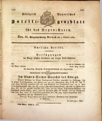 Königlich-baierisches Intelligenzblatt für den Regen-Kreis (Königlich bayerisches Intelligenzblatt für die Oberpfalz und von Regensburg) Mittwoch 5. Oktober 1831