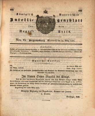 Königlich-baierisches Intelligenzblatt für den Regen-Kreis (Königlich bayerisches Intelligenzblatt für die Oberpfalz und von Regensburg) Mittwoch 29. März 1837