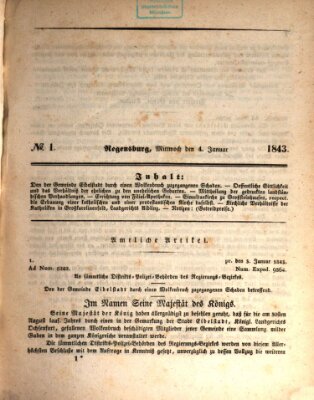Königlich bayerisches Intelligenzblatt für die Oberpfalz und von Regensburg Mittwoch 4. Januar 1843