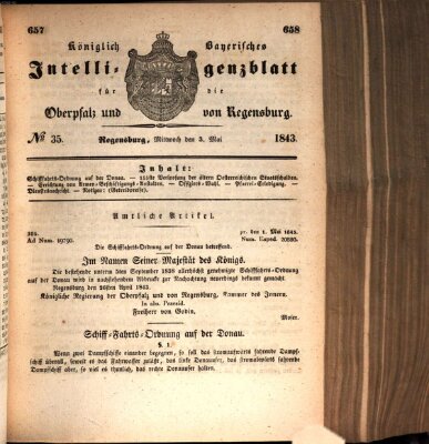 Königlich bayerisches Intelligenzblatt für die Oberpfalz und von Regensburg Mittwoch 3. Mai 1843