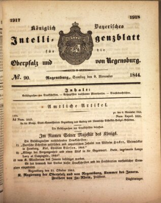 Königlich bayerisches Intelligenzblatt für die Oberpfalz und von Regensburg Samstag 9. November 1844
