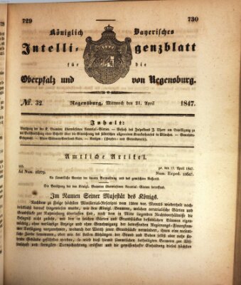 Königlich bayerisches Intelligenzblatt für die Oberpfalz und von Regensburg Mittwoch 21. April 1847