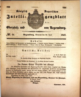Königlich bayerisches Intelligenzblatt für die Oberpfalz und von Regensburg Mittwoch 28. April 1847