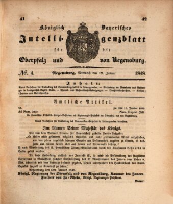 Königlich bayerisches Intelligenzblatt für die Oberpfalz und von Regensburg Mittwoch 12. Januar 1848