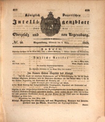Königlich bayerisches Intelligenzblatt für die Oberpfalz und von Regensburg Mittwoch 8. März 1848