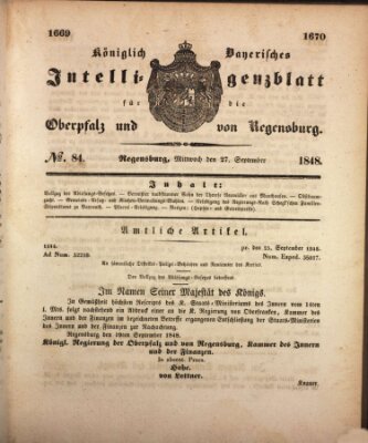 Königlich bayerisches Intelligenzblatt für die Oberpfalz und von Regensburg Mittwoch 27. September 1848