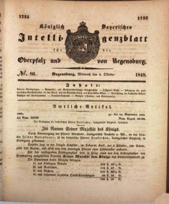 Königlich bayerisches Intelligenzblatt für die Oberpfalz und von Regensburg Mittwoch 4. Oktober 1848