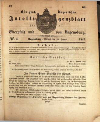 Königlich bayerisches Intelligenzblatt für die Oberpfalz und von Regensburg Mittwoch 10. Januar 1849
