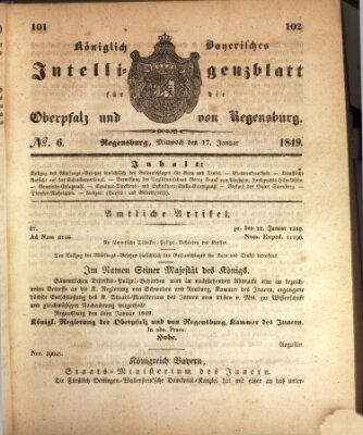 Königlich bayerisches Intelligenzblatt für die Oberpfalz und von Regensburg Mittwoch 17. Januar 1849