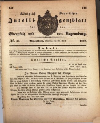 Königlich bayerisches Intelligenzblatt für die Oberpfalz und von Regensburg Samstag 21. April 1849