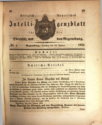 Königlich bayerisches Intelligenzblatt für die Oberpfalz und von Regensburg Samstag 12. Januar 1850