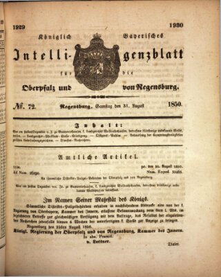 Königlich bayerisches Intelligenzblatt für die Oberpfalz und von Regensburg Samstag 31. August 1850