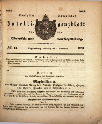 Königlich bayerisches Intelligenzblatt für die Oberpfalz und von Regensburg Samstag 7. September 1850