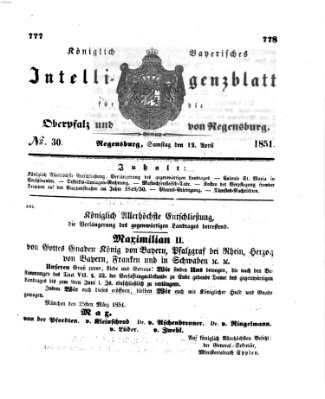 Königlich bayerisches Intelligenzblatt für die Oberpfalz und von Regensburg Samstag 12. April 1851