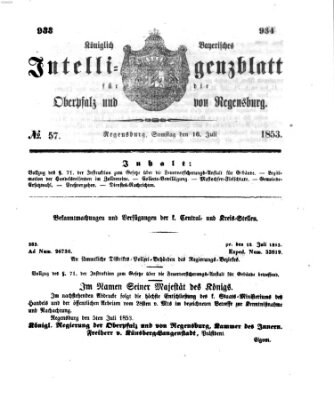 Königlich bayerisches Intelligenzblatt für die Oberpfalz und von Regensburg Samstag 16. Juli 1853