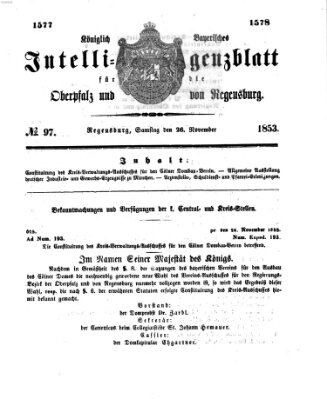 Königlich bayerisches Intelligenzblatt für die Oberpfalz und von Regensburg Samstag 26. November 1853