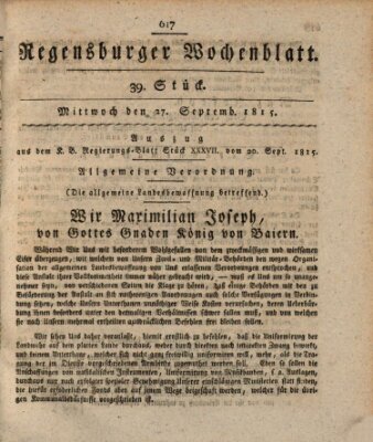 Regensburger Wochenblatt Mittwoch 27. September 1815