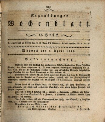 Regensburger Wochenblatt Mittwoch 1. April 1818