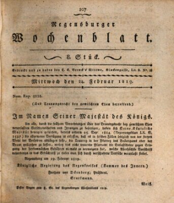 Regensburger Wochenblatt Mittwoch 24. Februar 1819