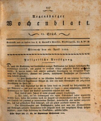 Regensburger Wochenblatt Mittwoch 12. April 1820