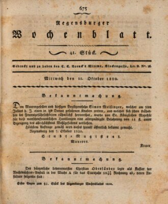 Regensburger Wochenblatt Mittwoch 11. Oktober 1820