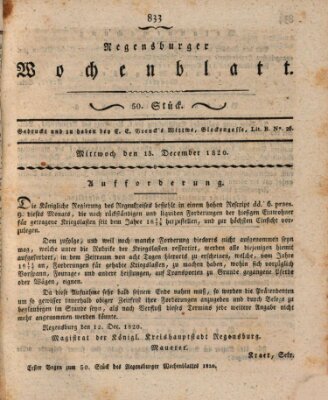 Regensburger Wochenblatt Mittwoch 13. Dezember 1820