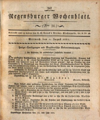 Regensburger Wochenblatt Mittwoch 1. August 1821