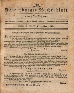 Regensburger Wochenblatt Mittwoch 20. September 1826