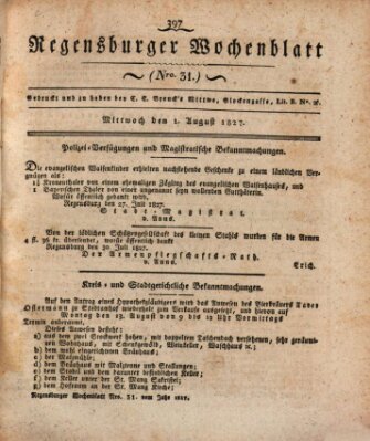 Regensburger Wochenblatt Mittwoch 1. August 1827